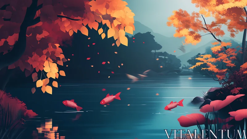 Crimson koi sketch slow circles beneath burning autumn trees