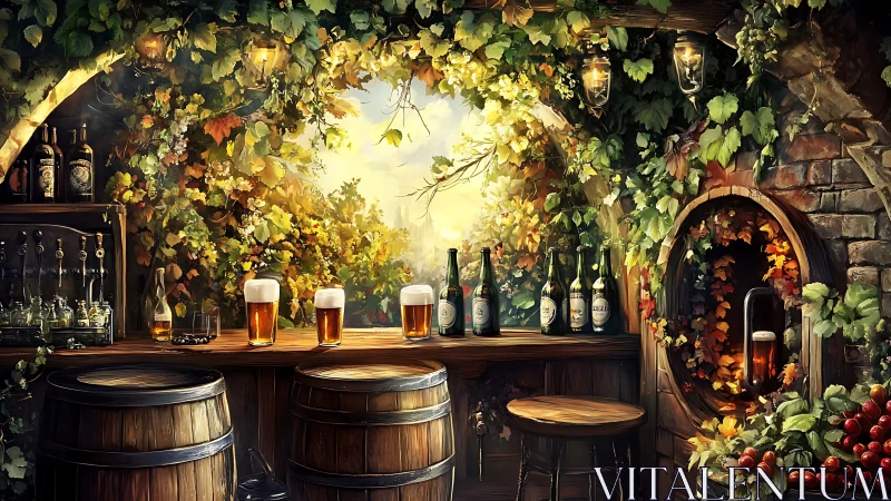 Autumnal beer garden counter under vine canopy illumination.