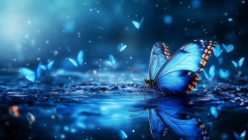 Blue butterfly resting on reflective water in glowing night.