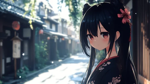 Kimono girl stands in sunlit traditional alleyway street.