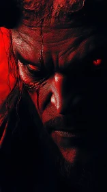 Demonic warrior portrait under harsh crimson lighting.