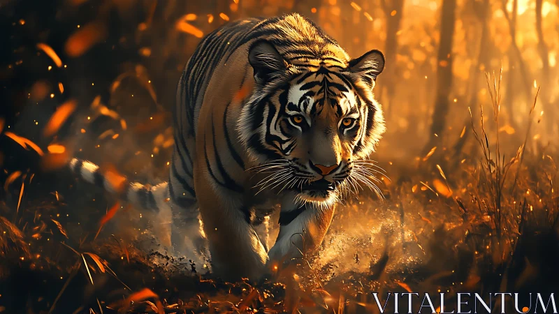 Tiger stalking through glowing forest at golden sunset.