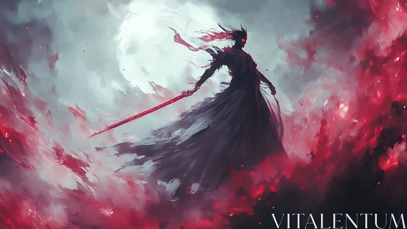 Silhouetted warrior figure dominates blood-red digital vortex
