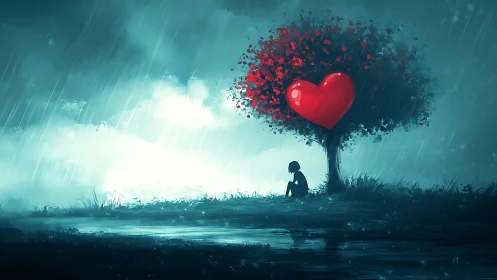 Solitary figure beneath heart-shaped tree in stylized rain scene