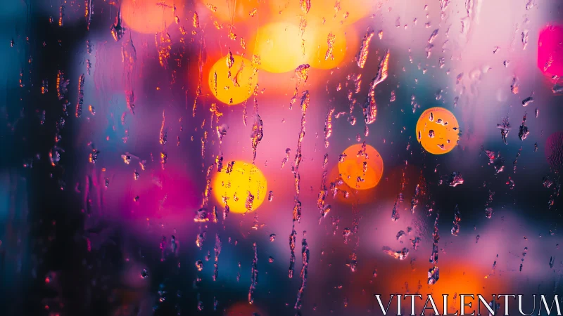 Raindrops on glass against colorful city light bokeh.