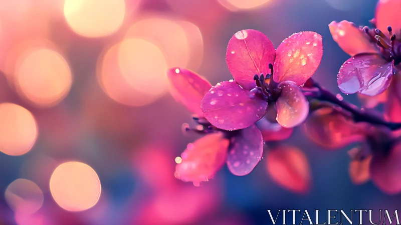 Macro bokeh study of dewy pink blossoms in sunset light