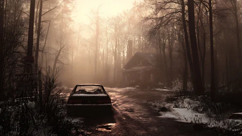 Mist-drenched cabin road cradles a lone abandoned car.