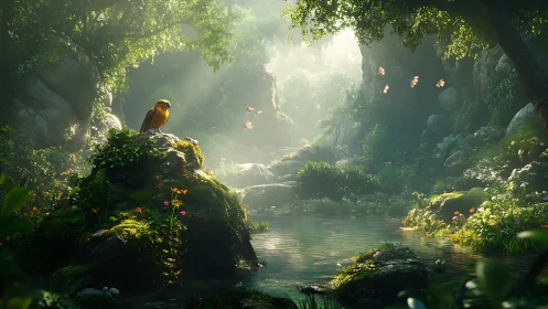 Sunlit songbird rests above a tranquil hidden forest pool.