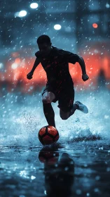 Stormlit street footballer racing through the rain-soaked night.