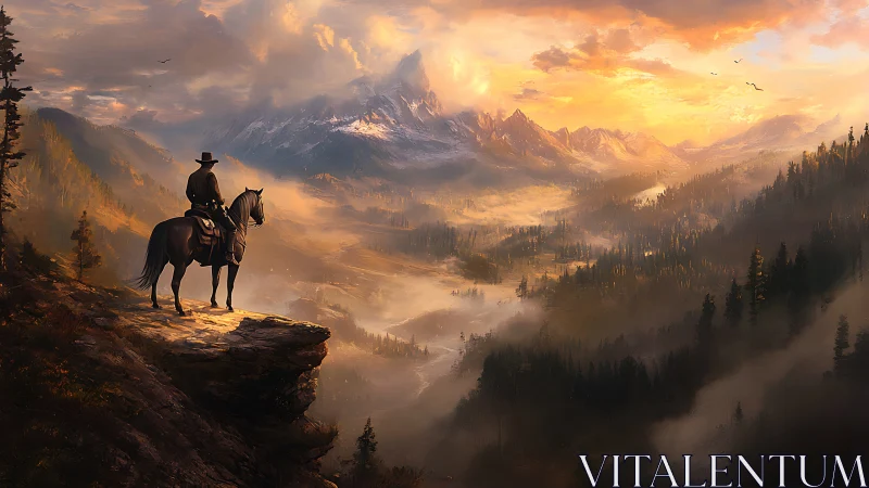 Lone rider overlooking misty mountain valley at sunrise.