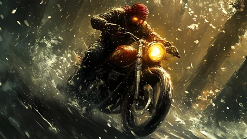 Lone biker with glowing eyes races through stormy forest.