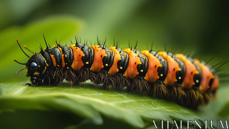 Vibrant orange caterpillar crawls across lush green leaf.
