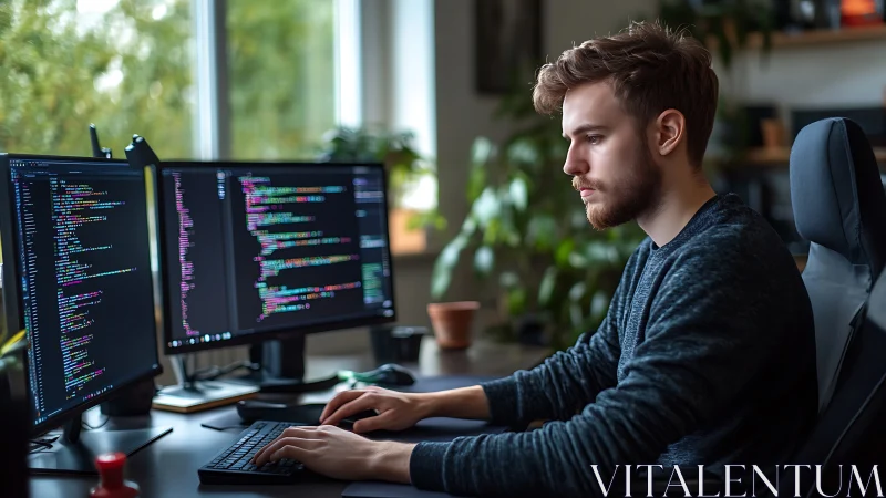 Focused young developer codes calmly in a bright home office