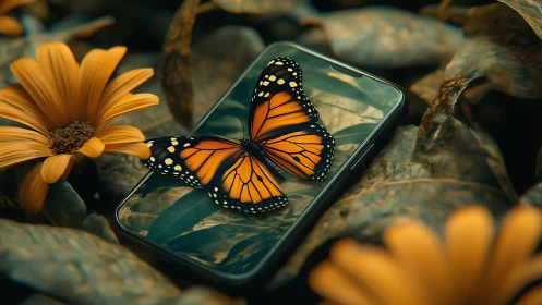 Monarch butterfly rests on smartphone among flowers.
