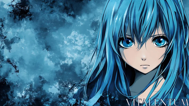 Blue haired anime girl stares ahead in a stormy void