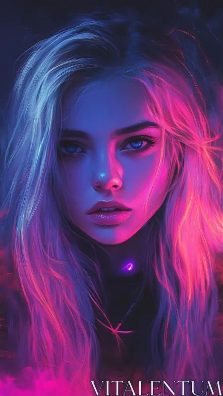 Neon oracle girl between electric dusk and midnight glow.