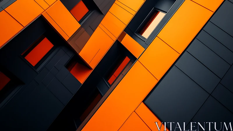 Parametric façade convergence in orange-black planar geometry.