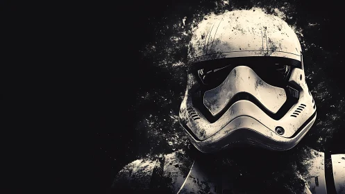 Armored sci‑fi helmet rendered with grunge particle dispersion