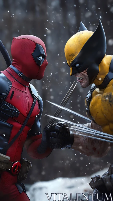 Photorealistic superhero duel in dynamic snowy close-quarters combat.