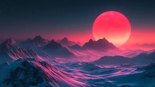 Irradiated glacial mountain range under oversized crimson moonlight