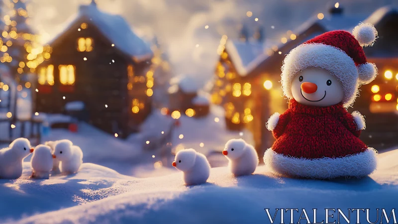 Cozy snowman toy shares a glowing winter evening with friends