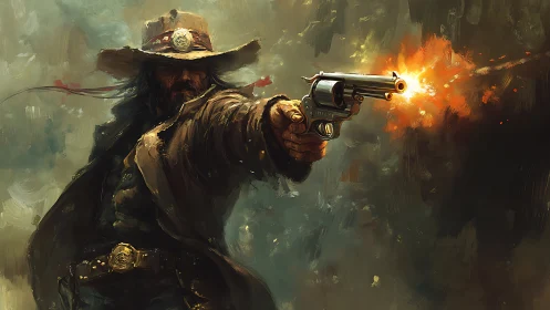 Dynamic gunslinger portrait with muzzle flash and painterly motion