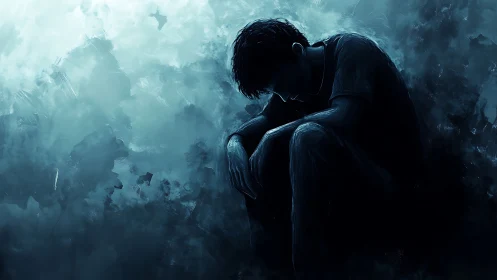 Solitary figure in blue tonal abstraction, inward gaze.