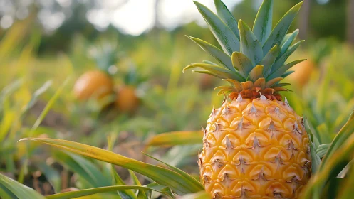 Ripe pineapple grows in foreground of cultivated field