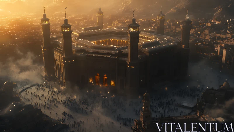 Golden hour aerial view studies illuminated mosque courtyard