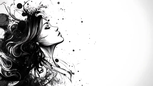 Ink-dreamed profile drifts through a storm of imagination.