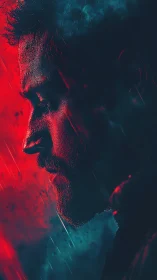 Moody side profile glows in neon red and cyan haze.