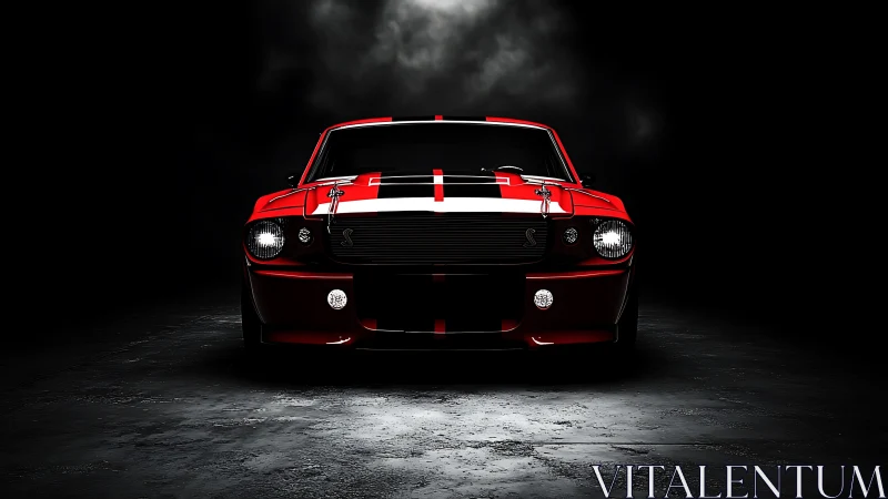 Scarlet muscle car front view in dramatic low key lighting.