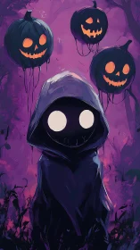 Hooded shadow spirit under drifting jack o&rsquo;lantern moons.