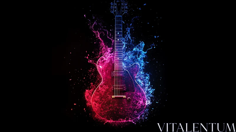 Electric guitar glowing with splashes of neon color.