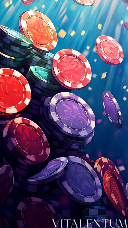 Cascading casino chips drift through radiant blue light