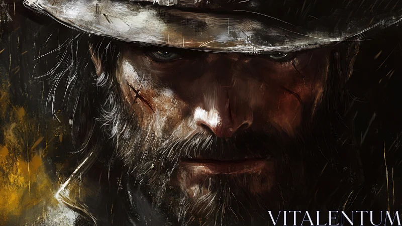 Bearded man in hat is rendered with textured digital strokes