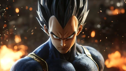 Intense anime warrior stands amid glowing embers and fire