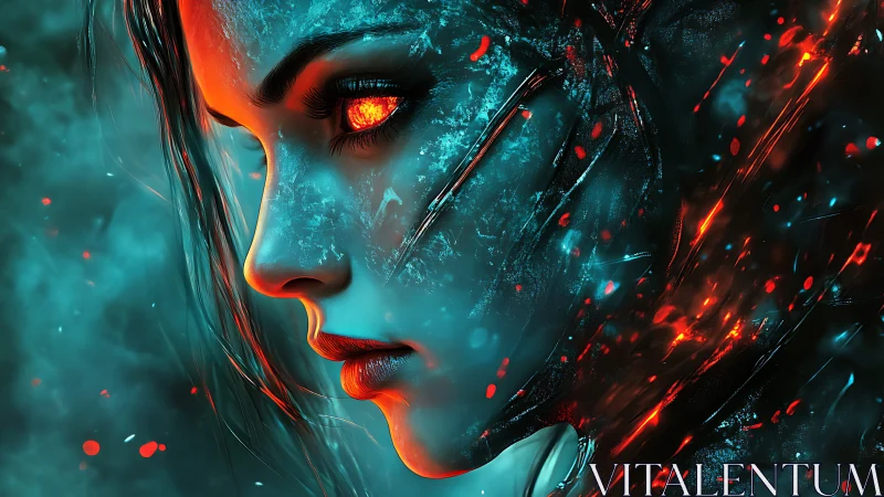 Profile view depicts humanoid face with molten ocular detail