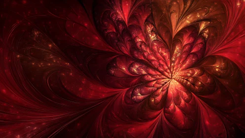 Crimson fractal bloom forms radiant swirling petal core.