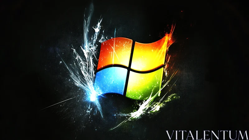 Explosive digital Windows logo on dark abstract field.
