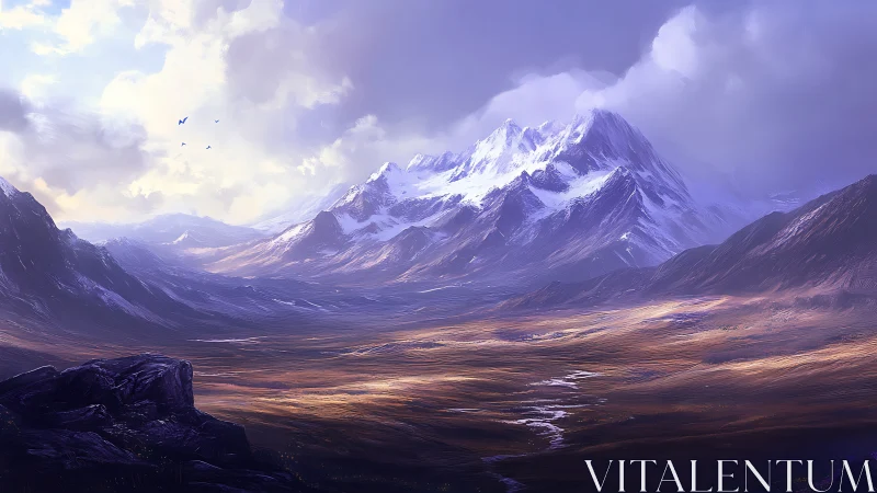 Sunlit rivers wander toward brooding violet mountain crowns