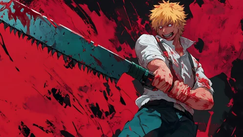 Intense chainsaw warrior revels in bold crimson chaos.