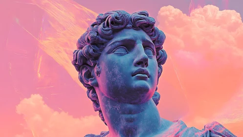 Classical stone bust against neon pink and orange sky backdrop.