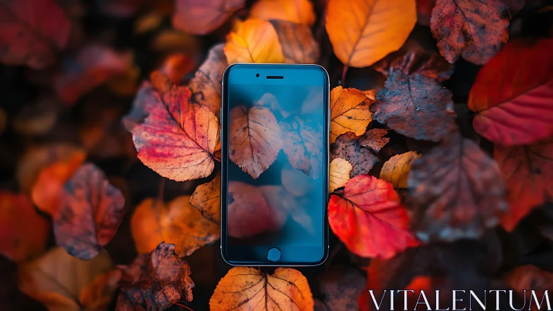 Smartphone on reflective glass screen framed by autumn foliage