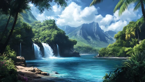 Tropical Mountain Landscape with Waterfall and Lagoon.