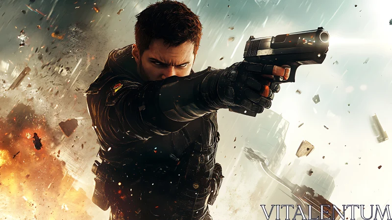 Tactical operative fires sidearm amid explosive urban chaos.