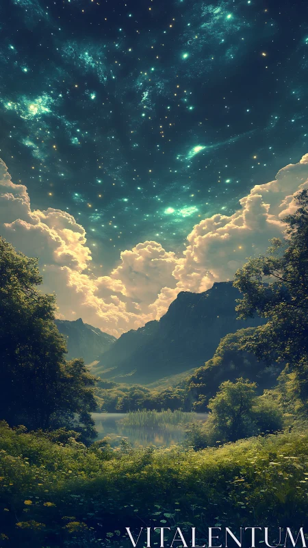 Digital painting of celestial valley landscape with star-strewn sky.
