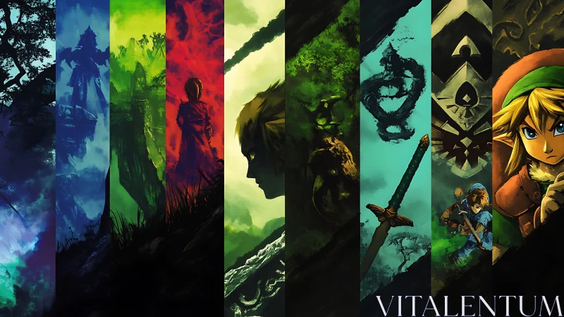 Color-sliced fantasy hero collage in vertical panels.