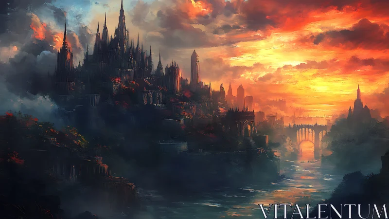 Ember-touched citadel rising above a river of fading light.