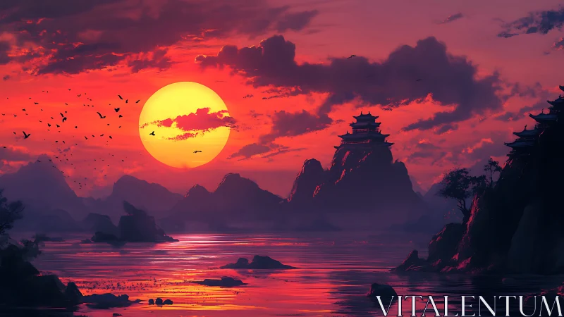 Crimson temple islands sipping the last molten sunbeam glow.